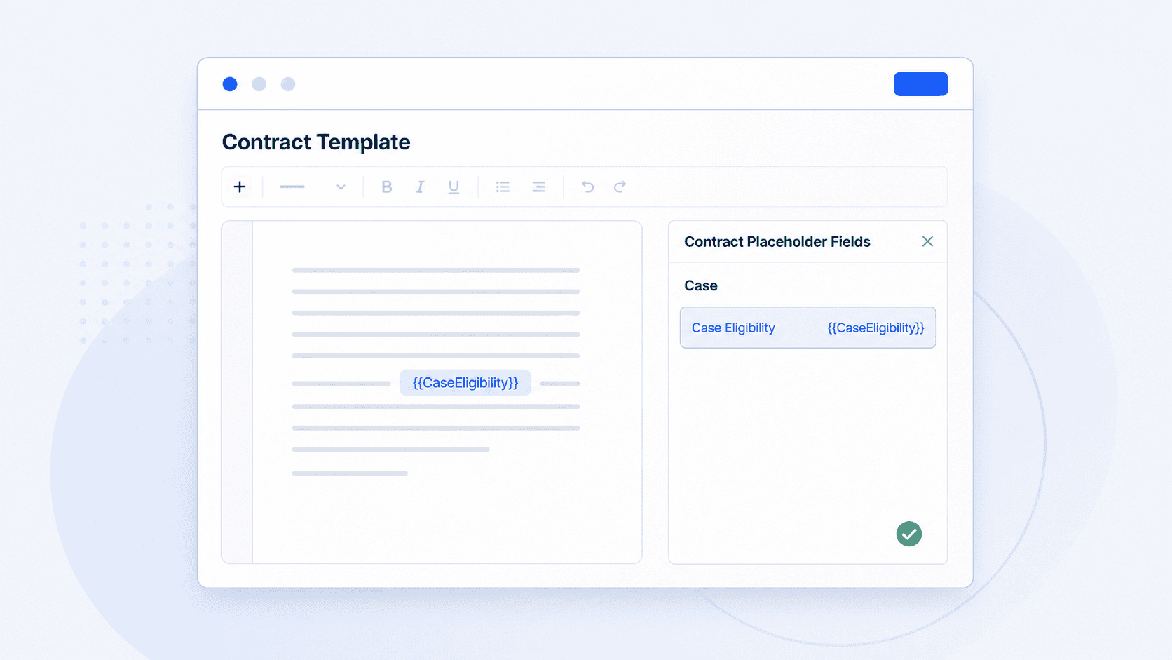 Contract template editor showing the Case Eligibility placeholder field inserted into a template