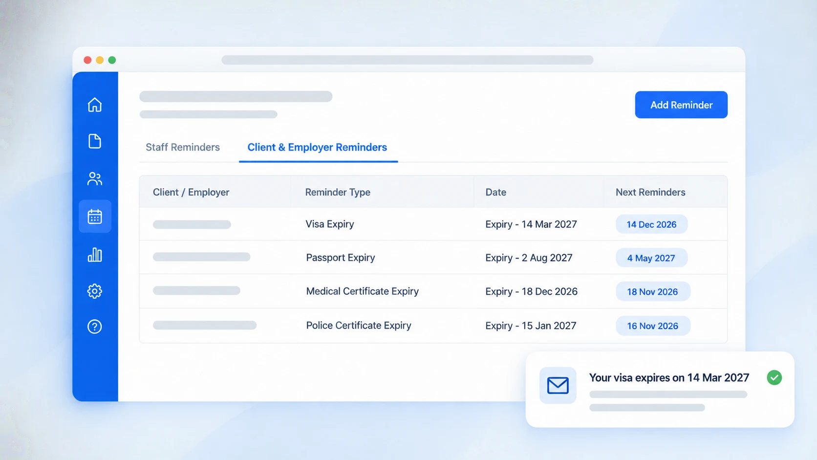 Illustrated Reminders page showing client reminders for visa and passport expiry dates with the next emails due to go out