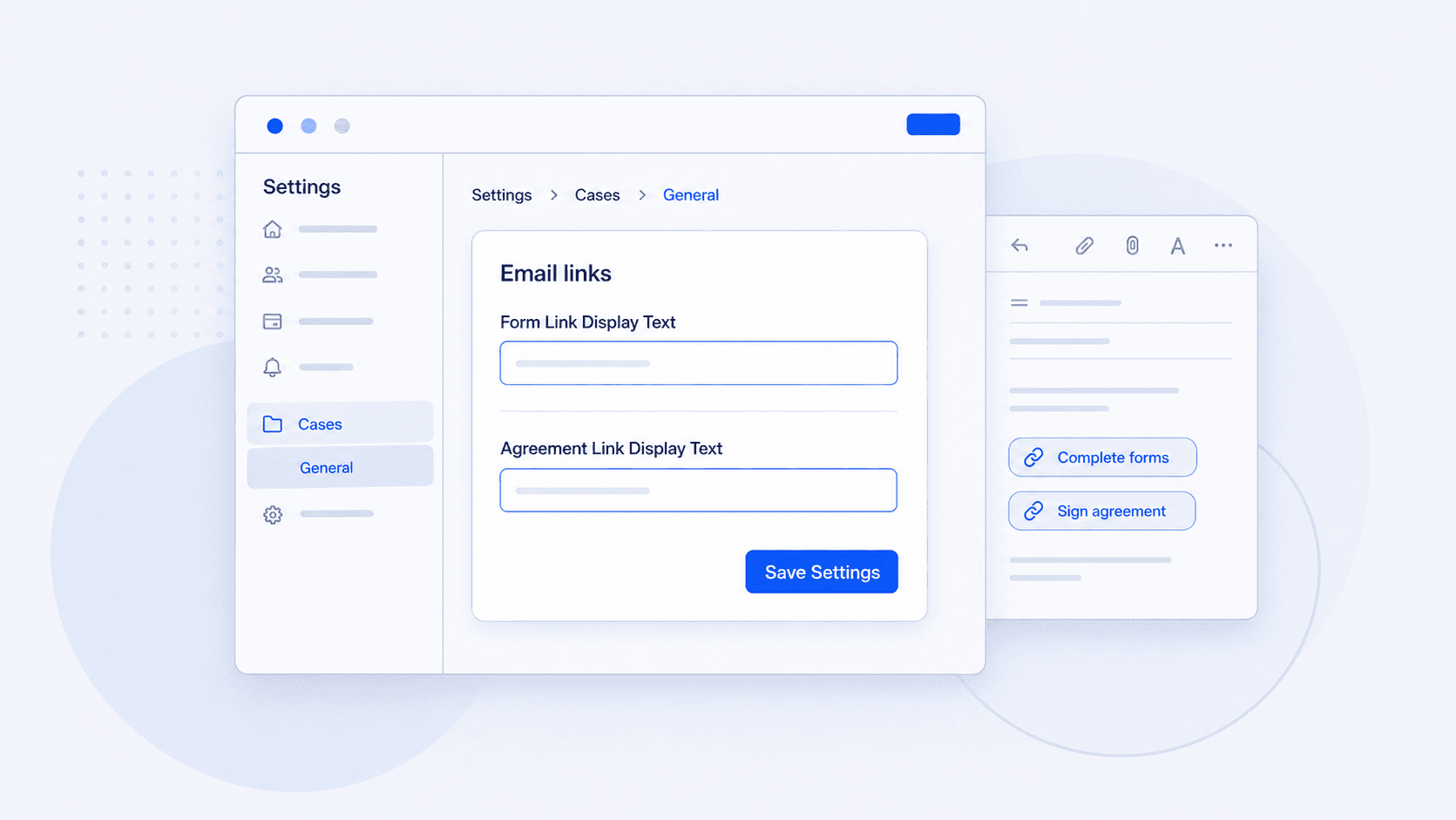 Email links settings showing custom display text fields for form and agreement links
