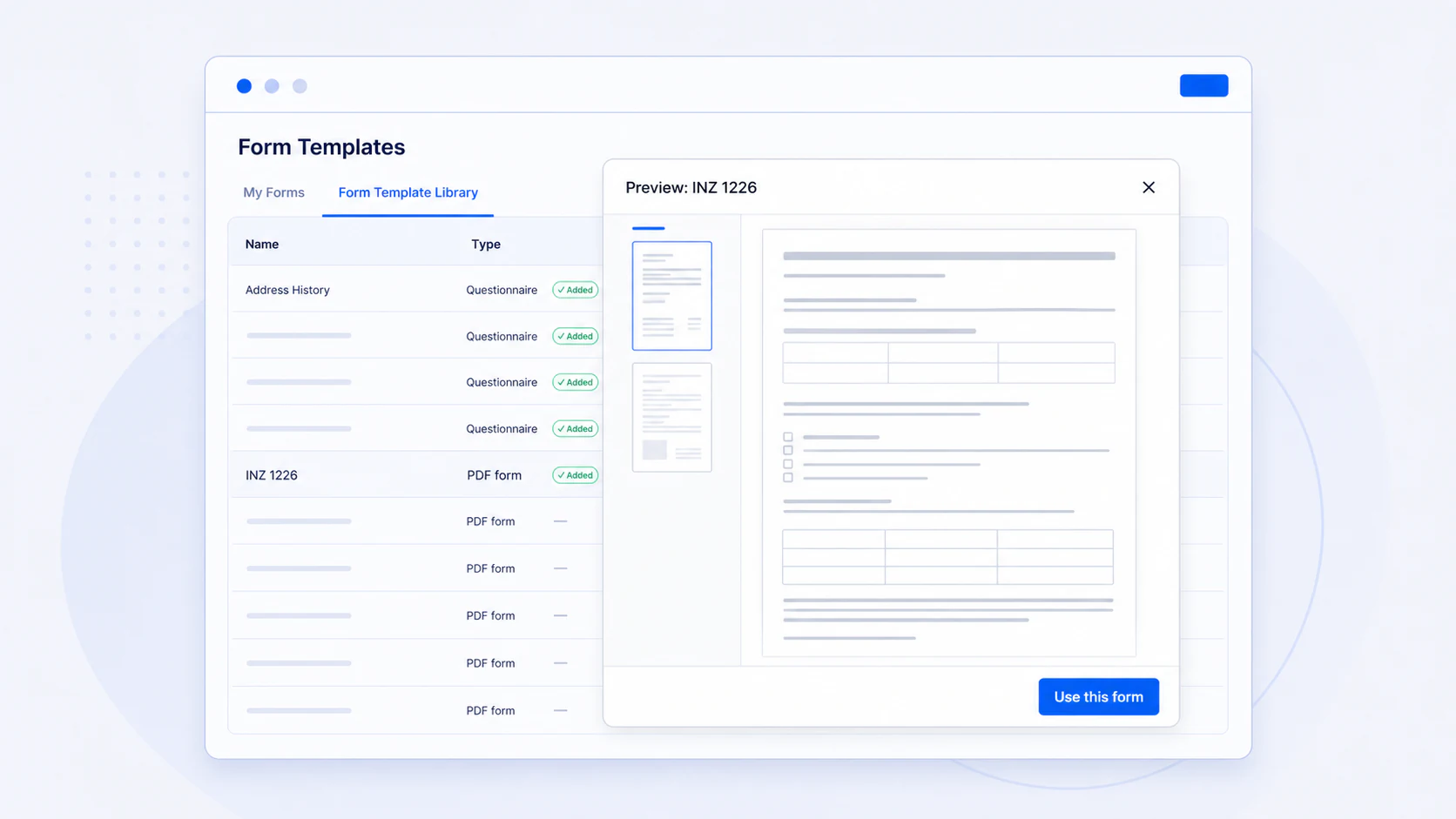 Illustrated Form Template Library showing questionnaire and PDF form rows with a form preview and Use this form button