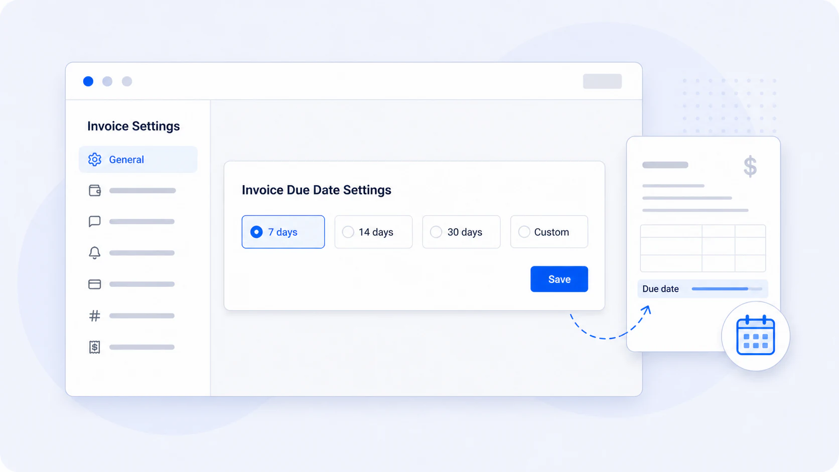 Illustrated invoice settings screen showing options for the default invoice due date