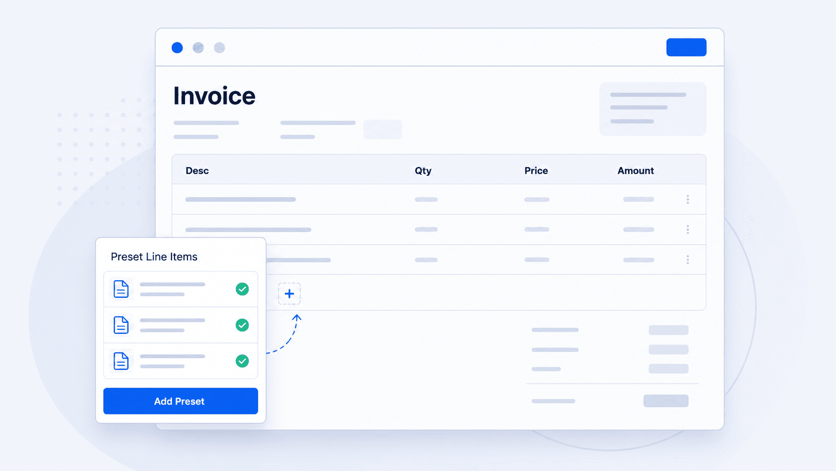 Browser illustration showing saved invoice items being added to an invoice
