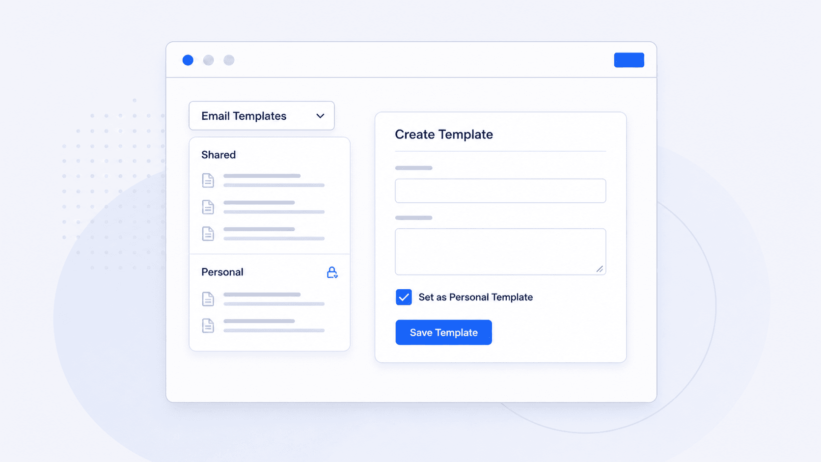 Email template creation screen showing a checked Set as Personal Template option