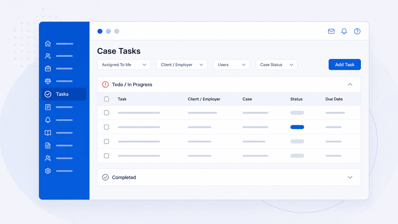 Browser illustration showing the Tasks menu and case task list