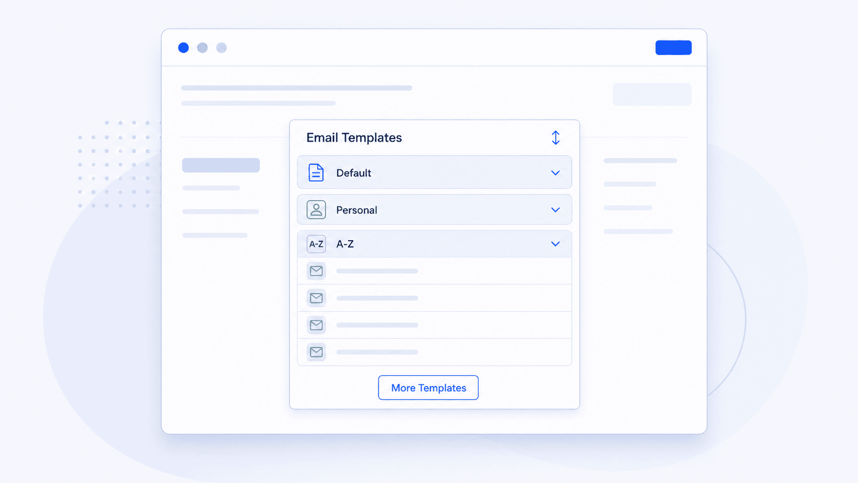 Email templates list showing default, personal, and alphabetically sorted template groups