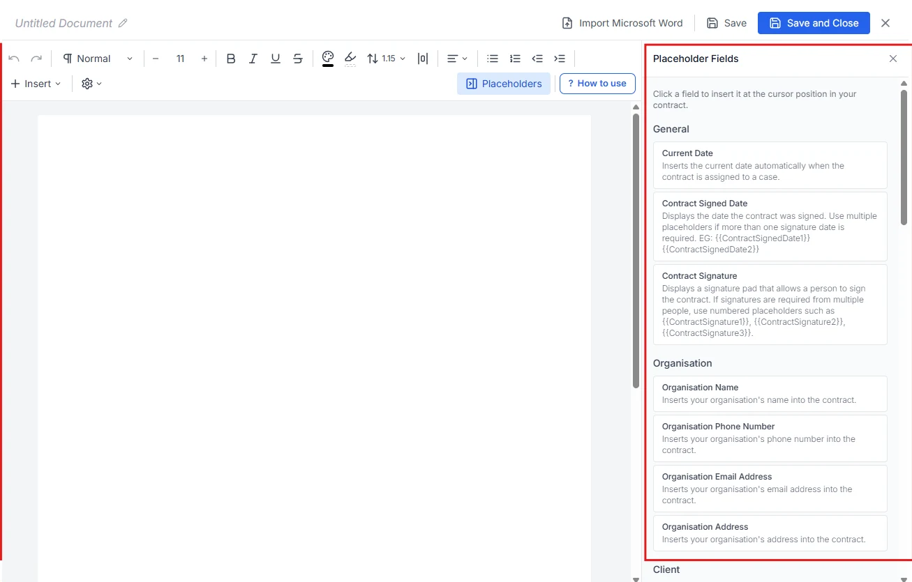 Placeholder Fields panel in the new AdviserAide contract editor