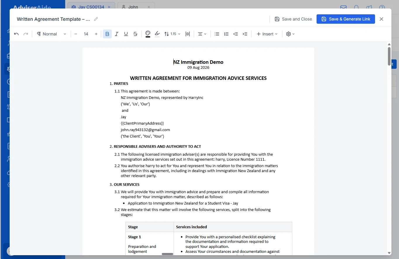 A client agreement opened in the new contract editor for review