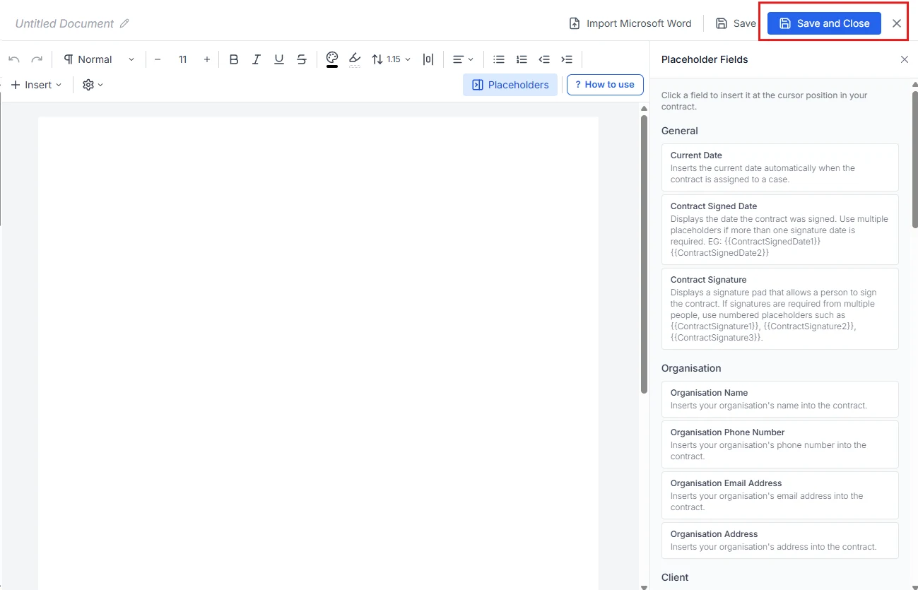 Save and Close control in the AdviserAide contract editor