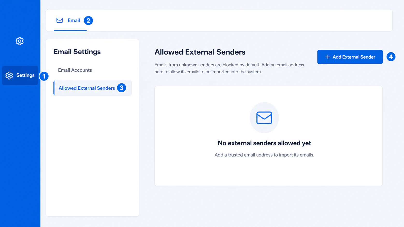 Numbered path to Allowed External Senders in AdviserAide Email Settings