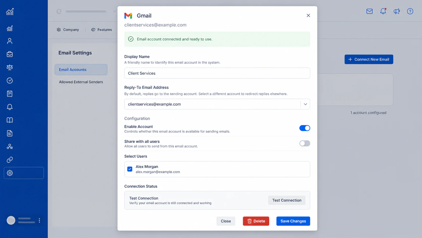 Connected Gmail account settings with sharing and connection controls