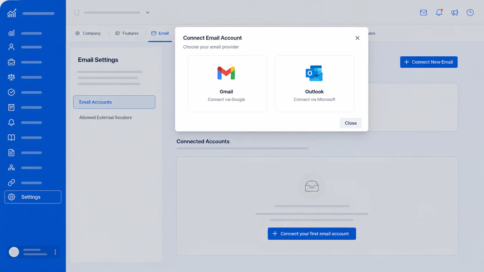 Connect Email Account window with Gmail and Outlook choices