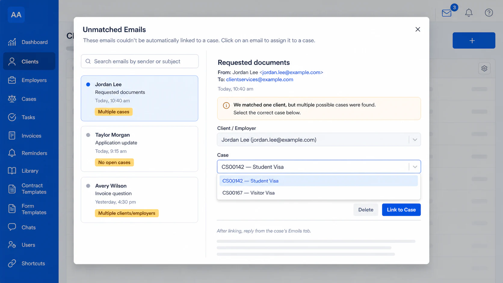 Unmatched Emails window with fictional client and case choices