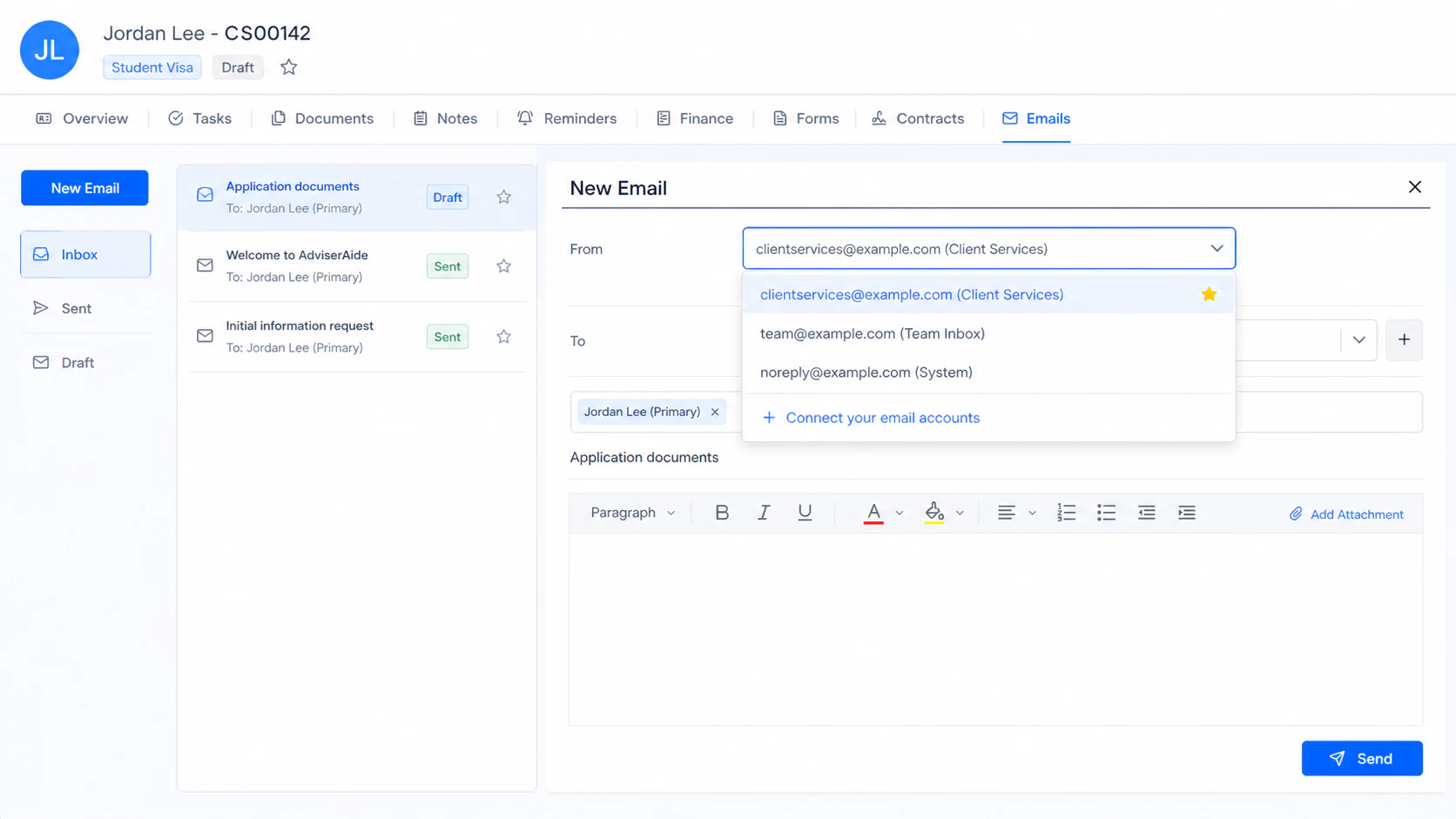 Case email editor with a connected Gmail account selected in the From field