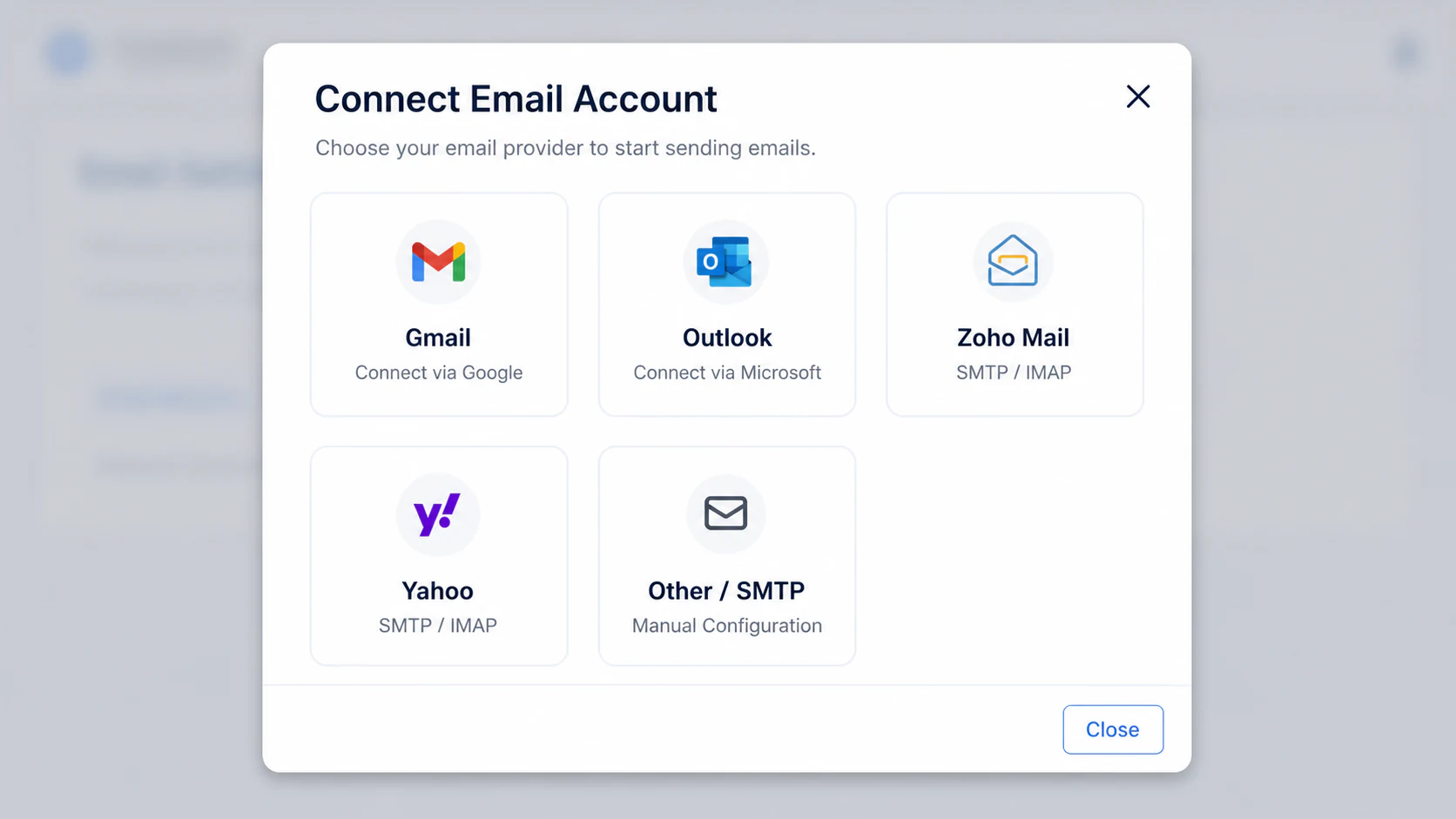 Connect Email Account window with Gmail, Outlook, Zoho Mail, Yahoo and Other SMTP choices