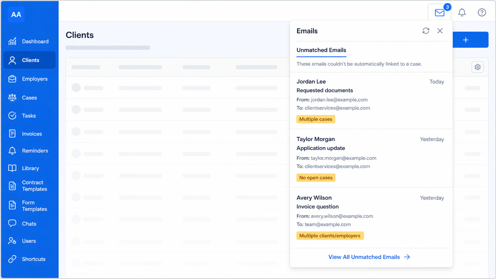 AdviserAide email menu showing fictional unmatched emails