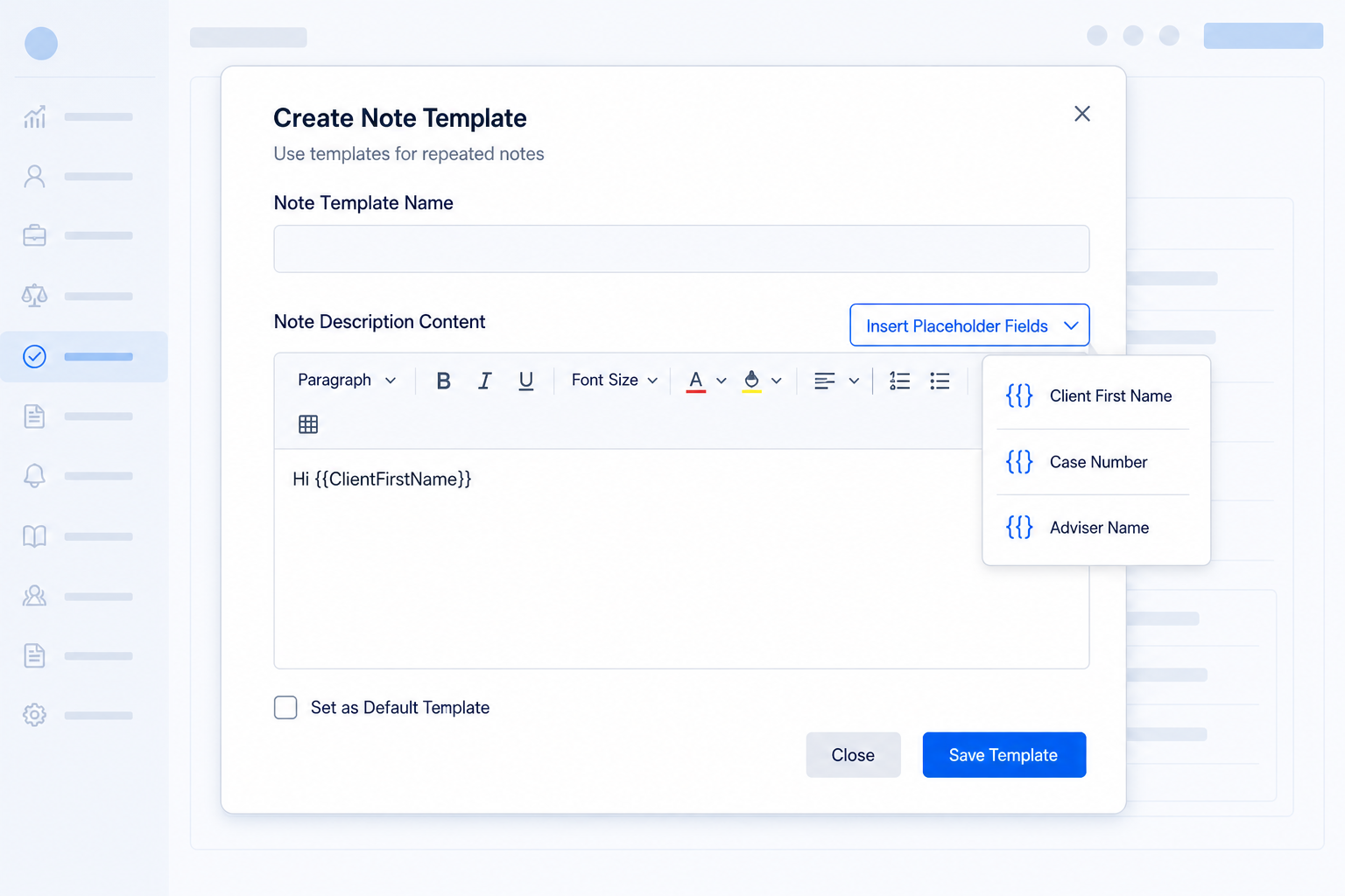 Create note template modal with placeholder fields
