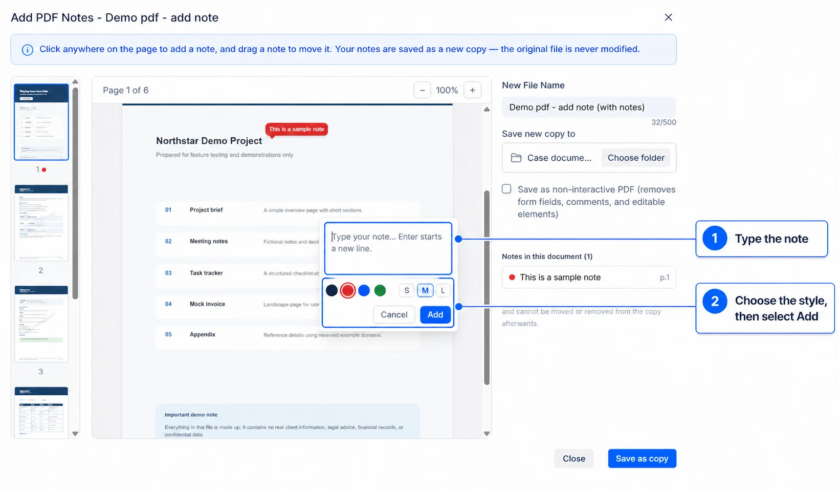 Add PDF Notes workspace showing page thumbnails, a PDF preview and the note editor