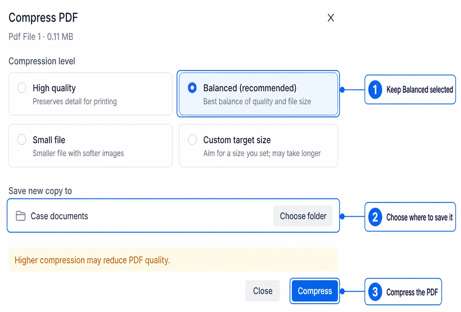 Compress PDF window with Balanced recommended selected and a destination folder