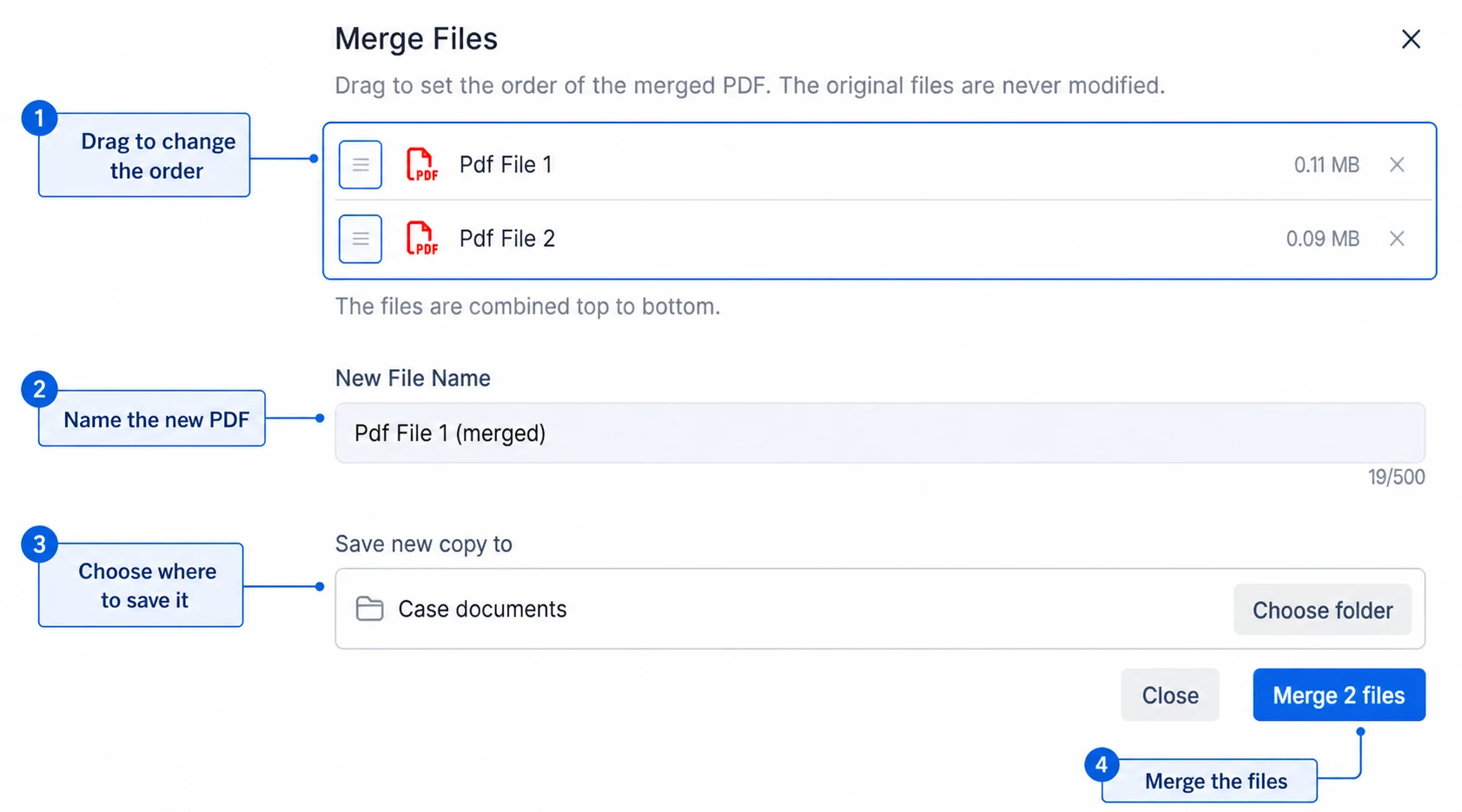 Merge Files window showing PDF ordering, the new file name, save folder and merge button