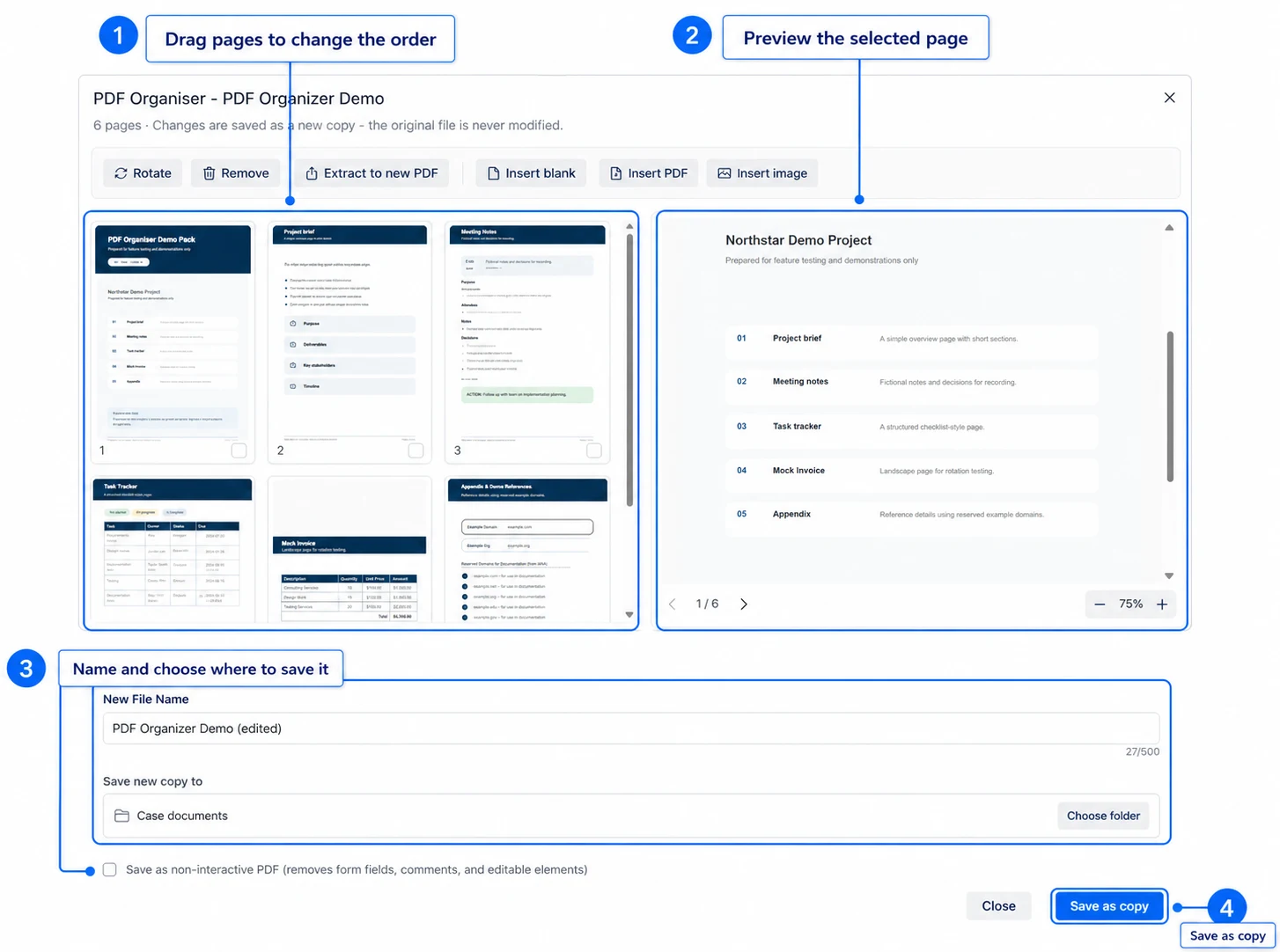 PDF Organiser showing page thumbnails, document preview and page editing controls