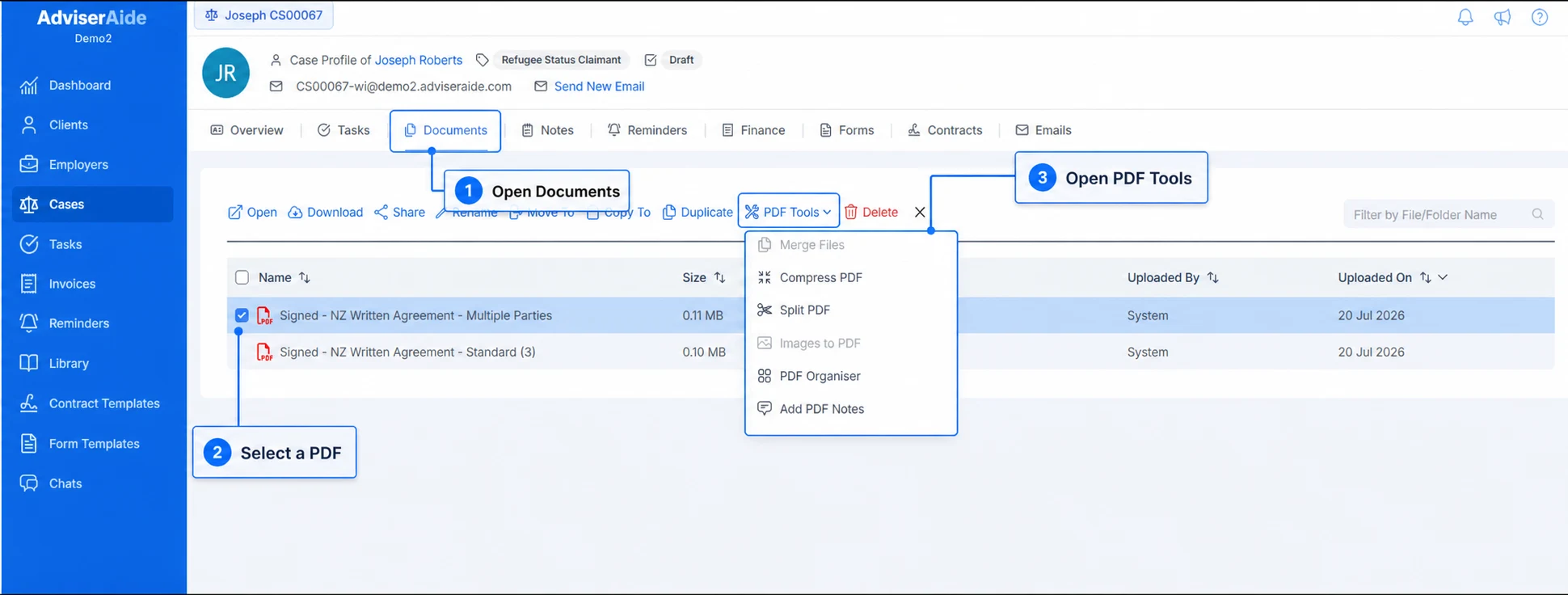 Case Documents showing the Documents tab, a selected PDF and the PDF Tools menu