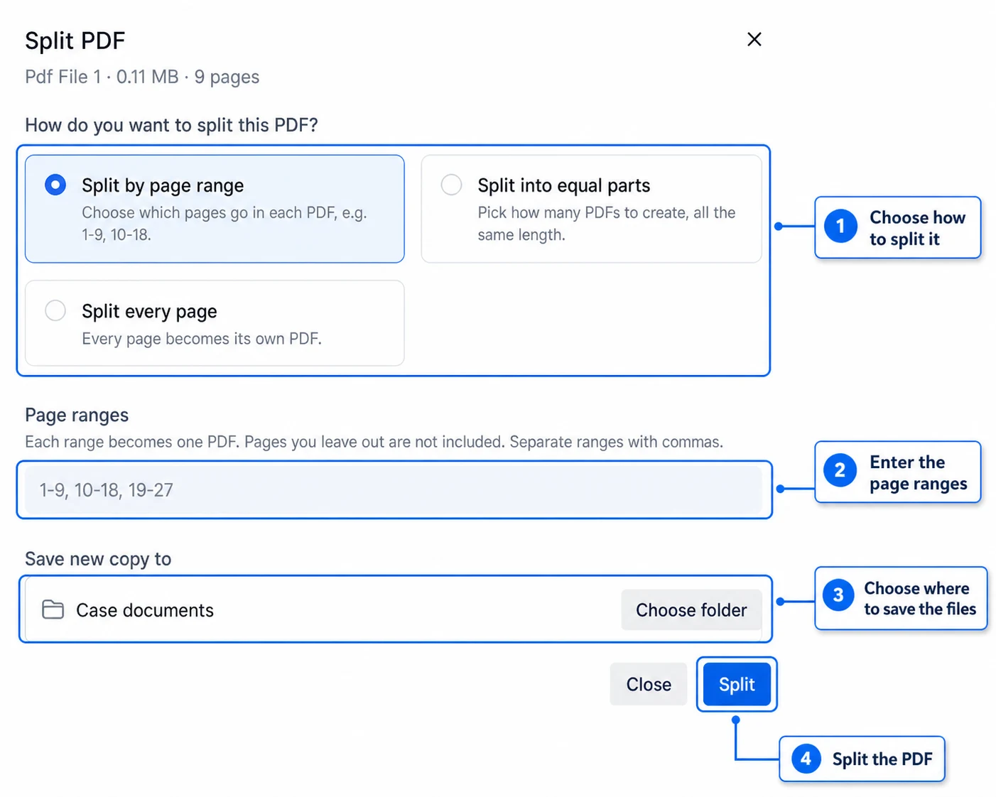 Split PDF window showing page range, equal parts and split every page options