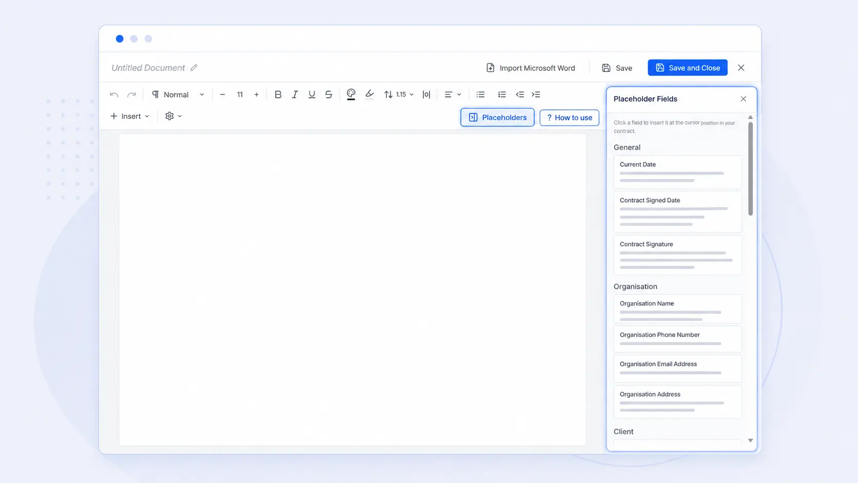 Placeholder Fields panel in the AdviserAide contract editor