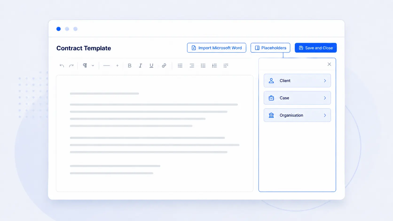 Illustration of the AdviserAide contract editor with Word import and placeholders highlighted