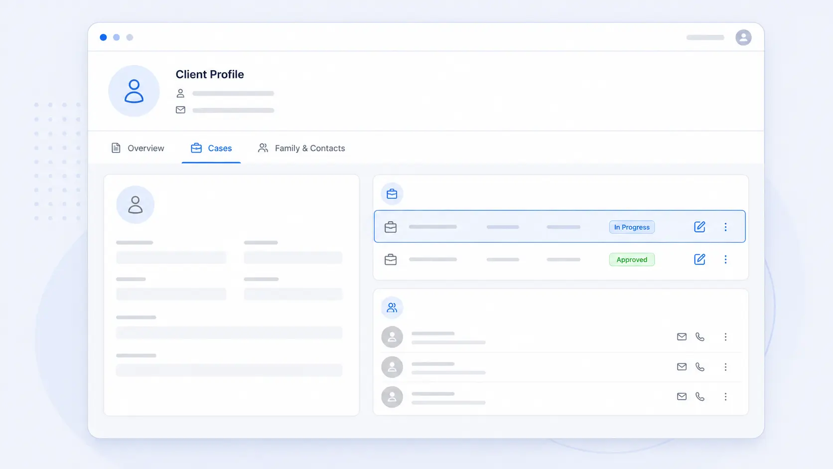 Illustration of an AdviserAide client profile showing clearly separated cases