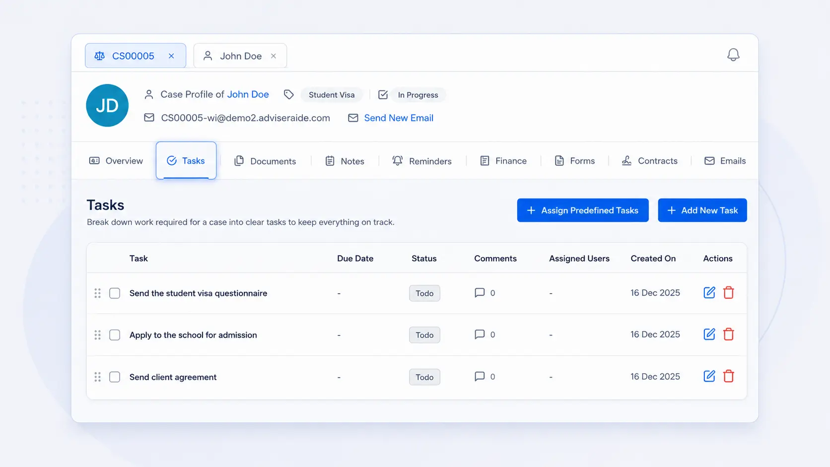 Case Tasks overview in AdviserAide