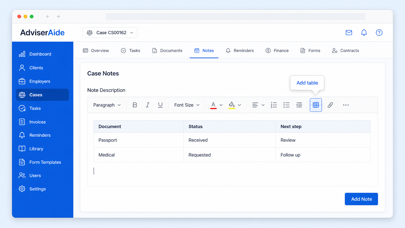 Case note editor showing a table added to the note