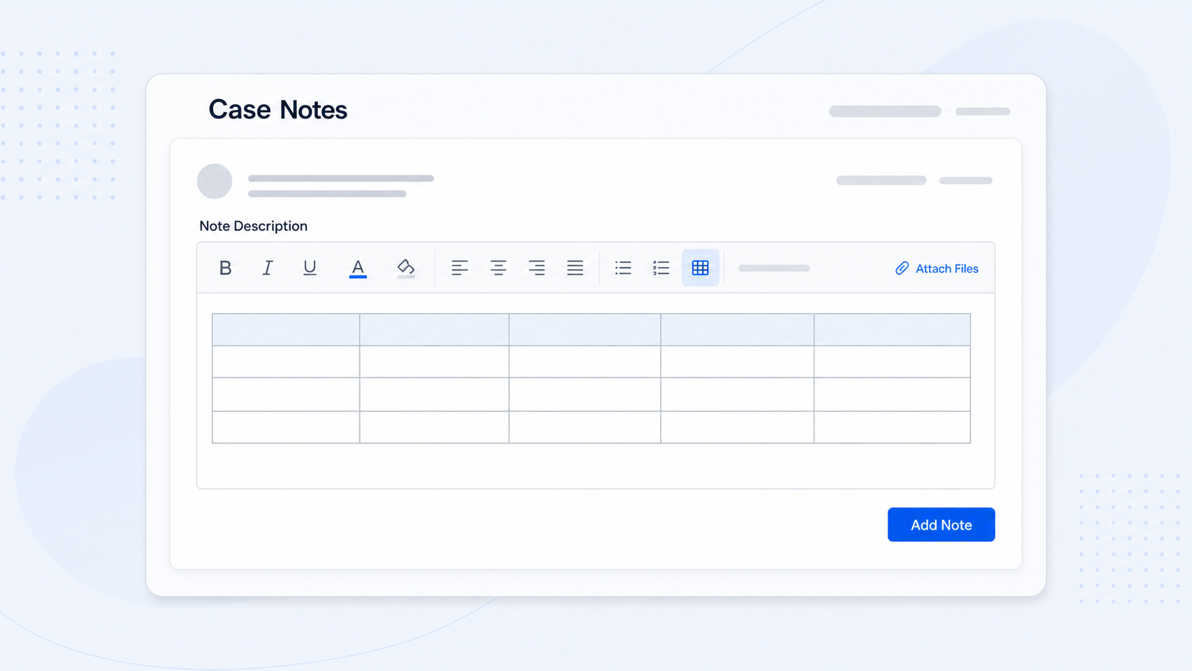 Professional illustration showing a case note with a table