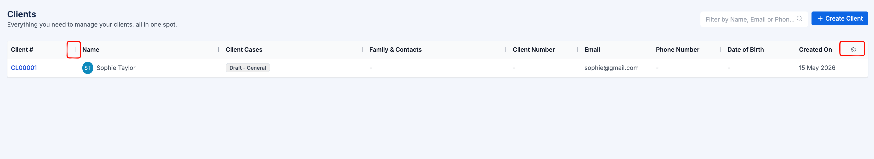 Clients list showing the trigger to open the columns panel and resize a column
