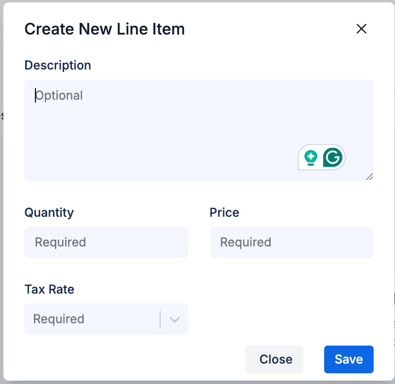 Create New Line Item modal with description, quantity, price, and tax rate fields