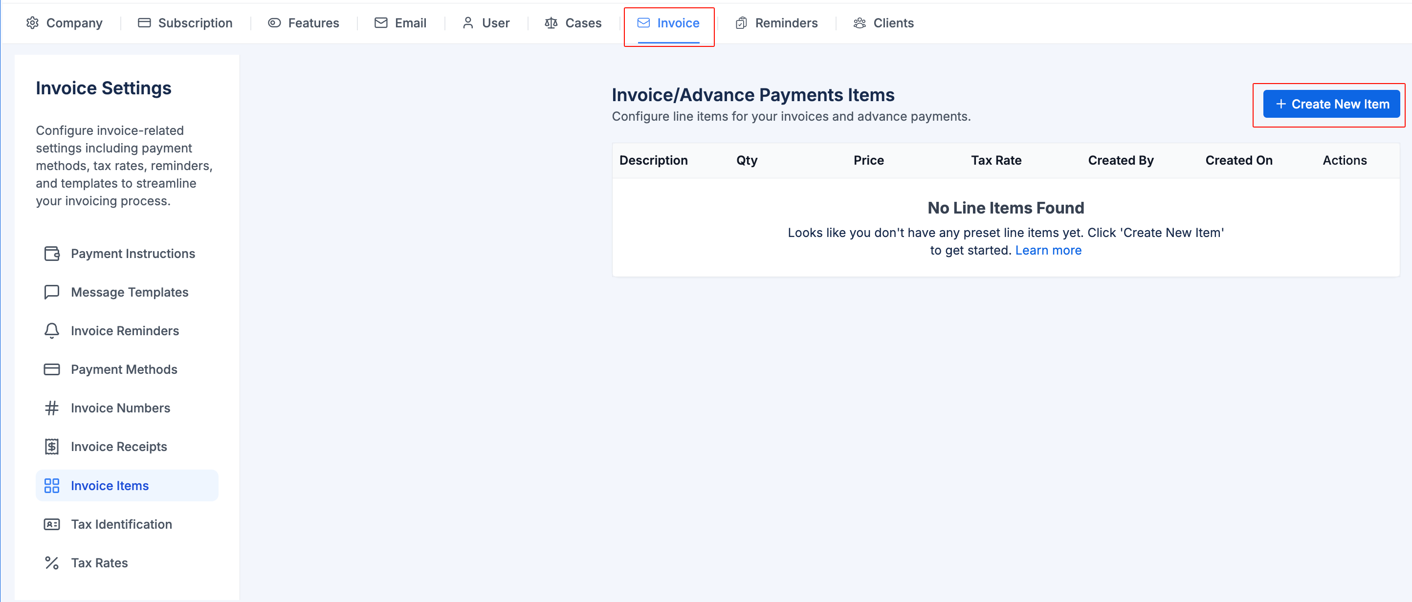 Invoice Items settings page showing the Create New Item button