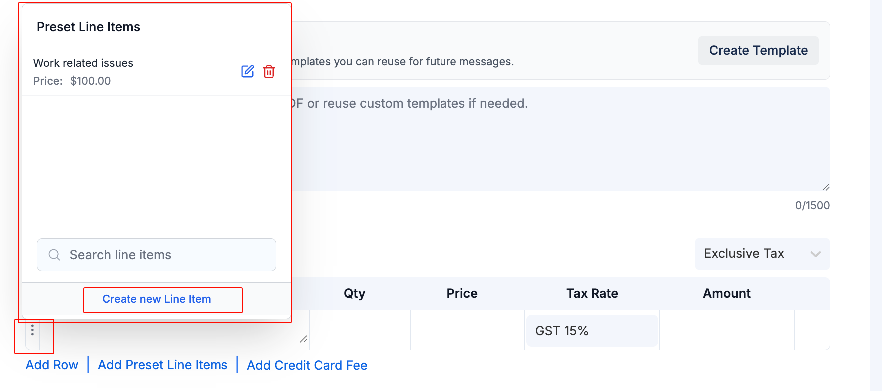 Invoice screen showing the Preset Line Items picker opened from the line item row menu