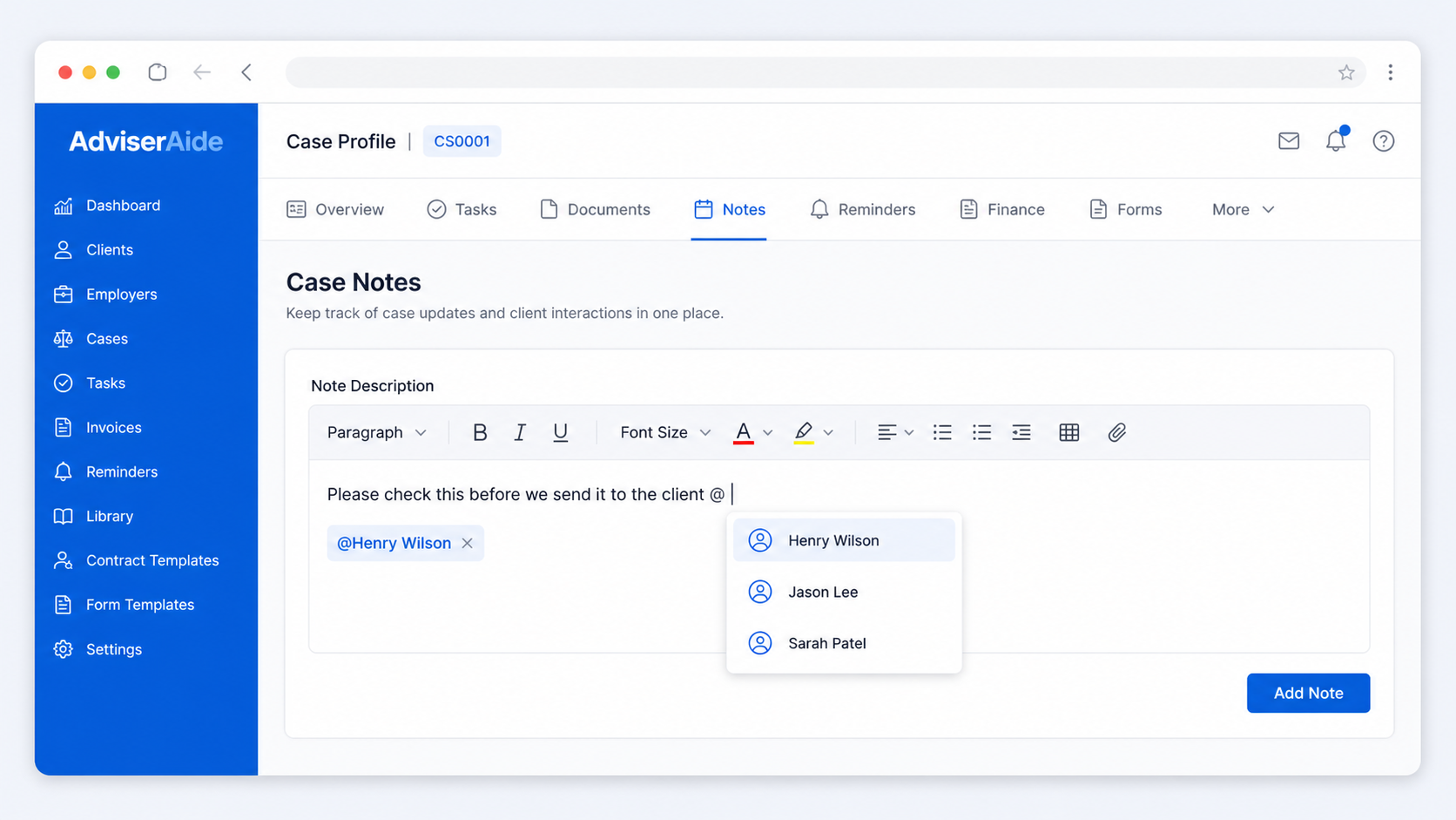 Case note editor showing a team member mention