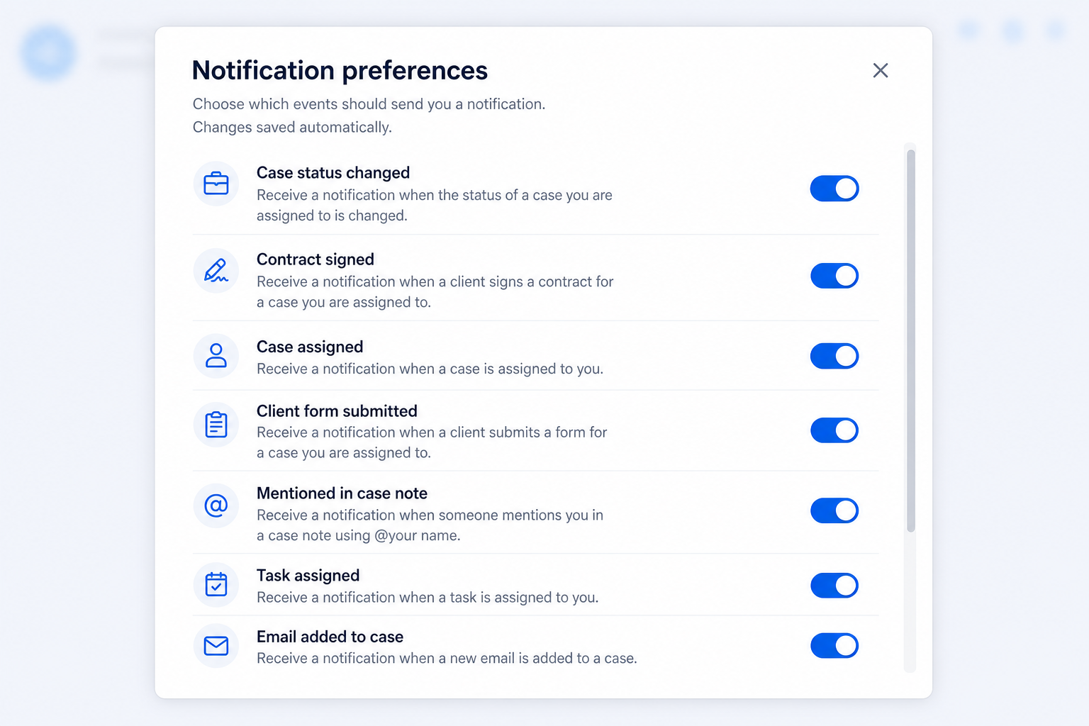Notification preferences showing notification type controls