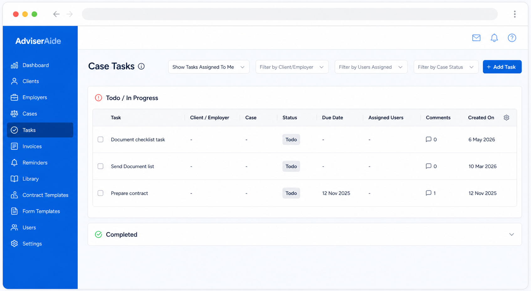 Tasks page showing filters, active tasks, and completed tasks